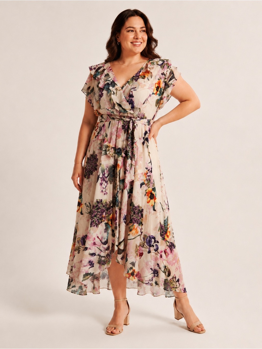 Melonie T Floral Wrap Maxi Dress Size 16 NWT Cream Purple Hi Low Belted